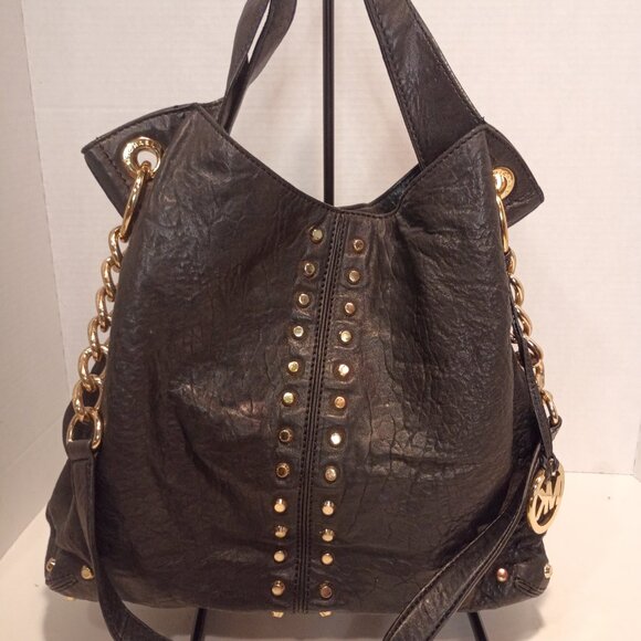 MK MICHAEL KORS Astor Uptown Black Textured Leather Bag Gold Studs Chunky Chain - Picture 4 of 15